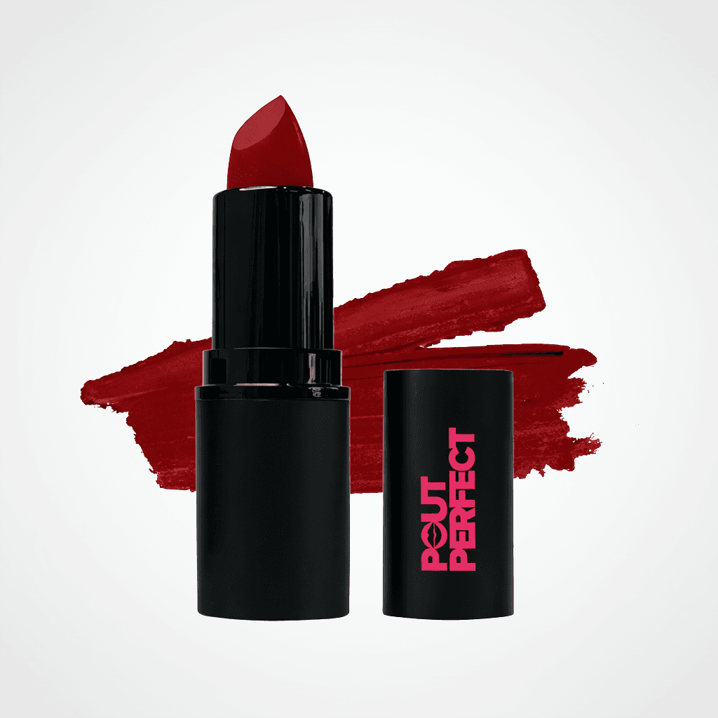 A black lipstick tube with a deep red lipstick bullet, shown next to its matching black cap featuring pink 'OUT PERFECT' branding, set against a white background with a red lipstick swatch behind it.