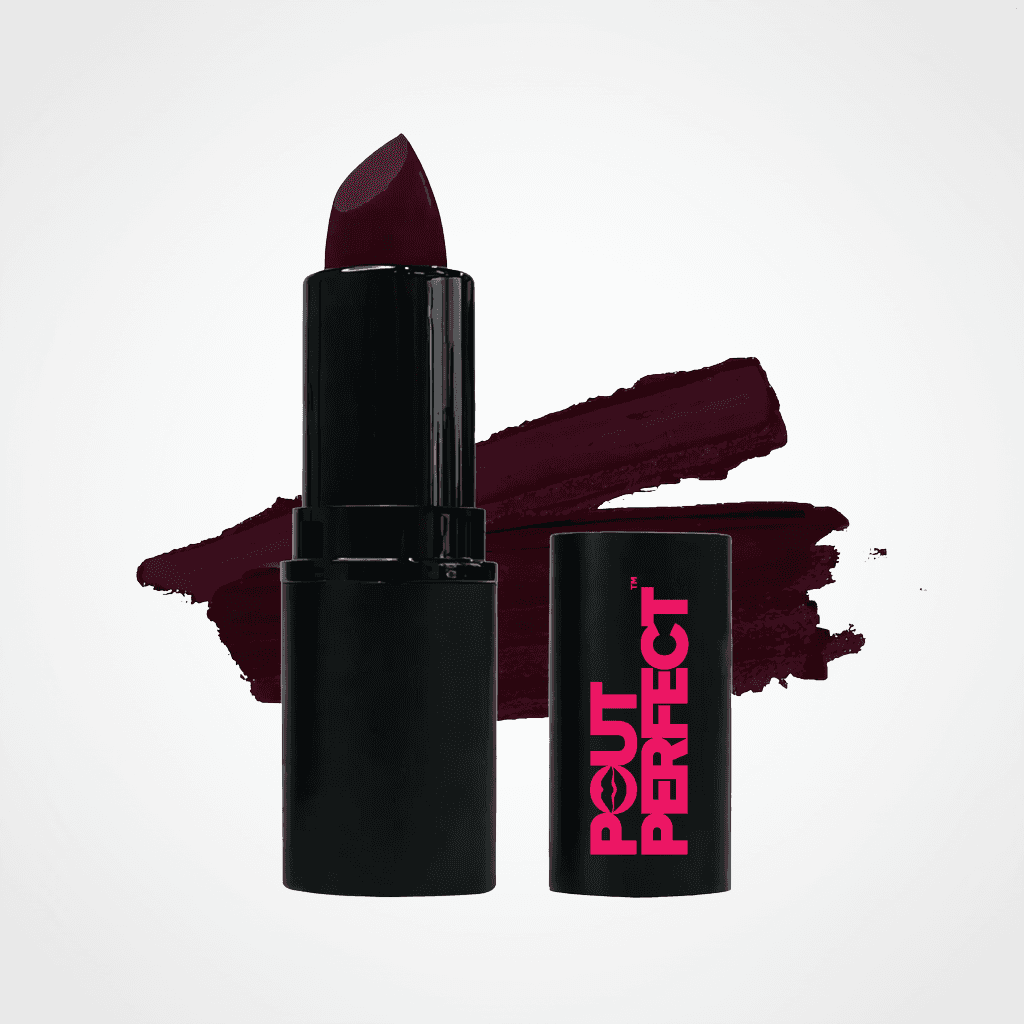 A black lipstick tube with a deep burgundy lipstick bullet, shown next to its matching black cap featuring a hot pink 'OUT PERFECT' logo. A textured burgundy lipstick swatch is displayed behind the products on a clean white background. Shiraz
