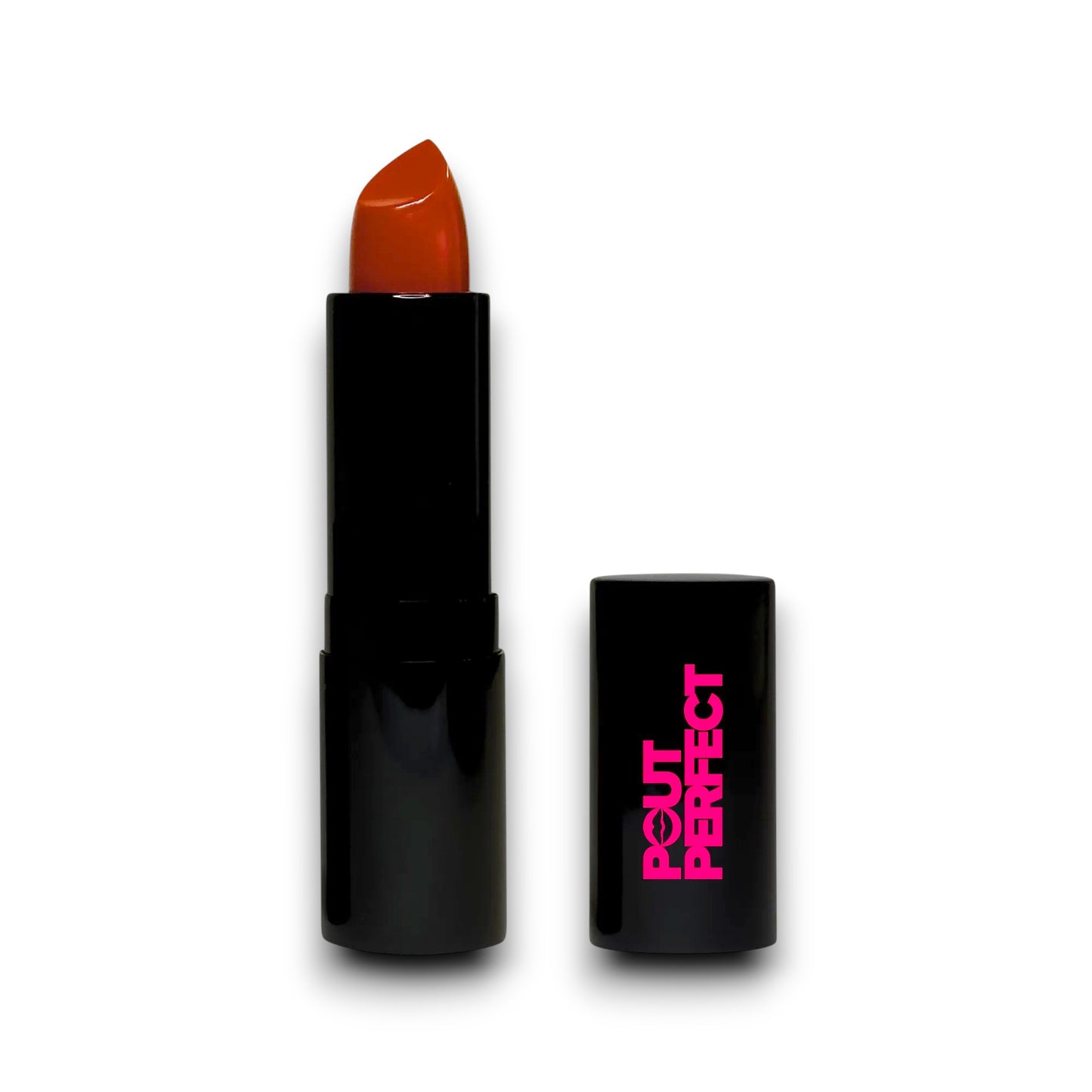 Pout Perfect luxury matte lipstick in bold red shade with sleek black packaging and pink logo