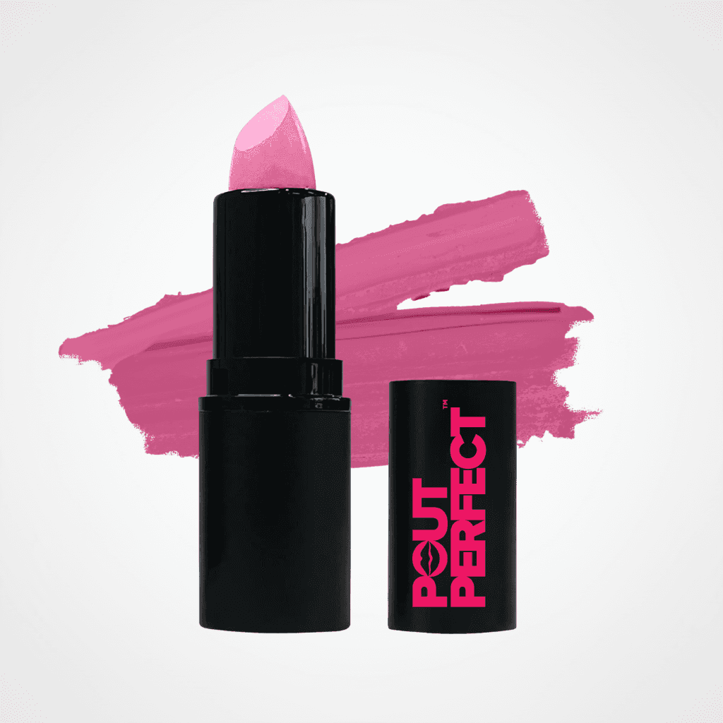 A pink lipstick bullet in a black tube stands next to its matching black cap, which features the brand name 'POUT PERFECT' in pink. A textured pink makeup swatch is displayed behind them on a clean white background. MOD