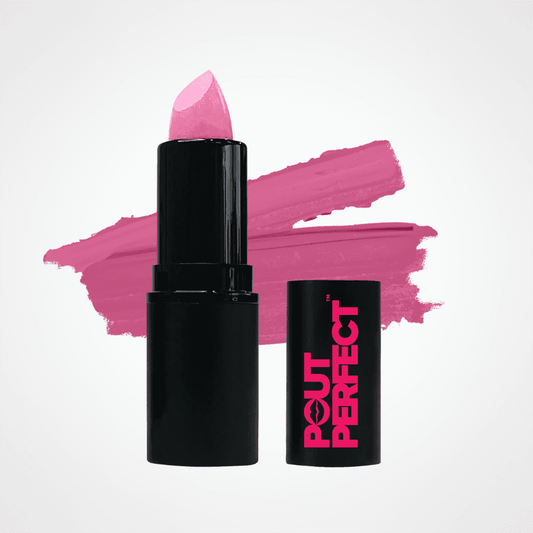 A pink lipstick bullet in a black tube stands next to its matching black cap, which features the brand name 'POUT PERFECT' in pink. A textured pink makeup swatch is displayed behind them on a clean white background. MOD