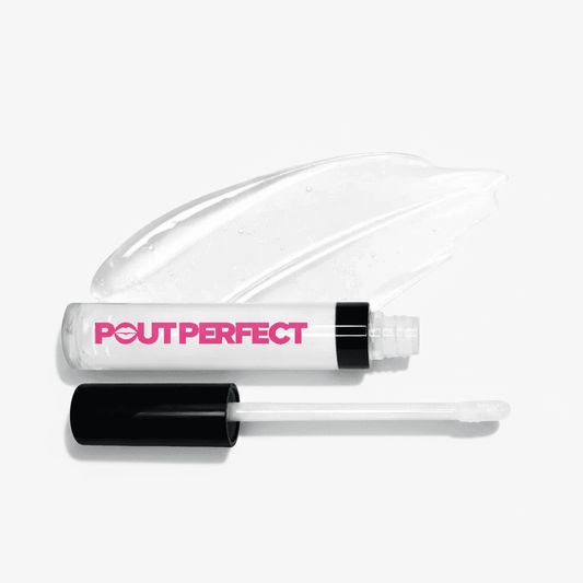 A clear liquid cosmetic product in a transparent tube with a black cap, shown open with the doe-foot applicator beside it. The tube is printed with the brand name 'POUT PERFECT' in bright pink.