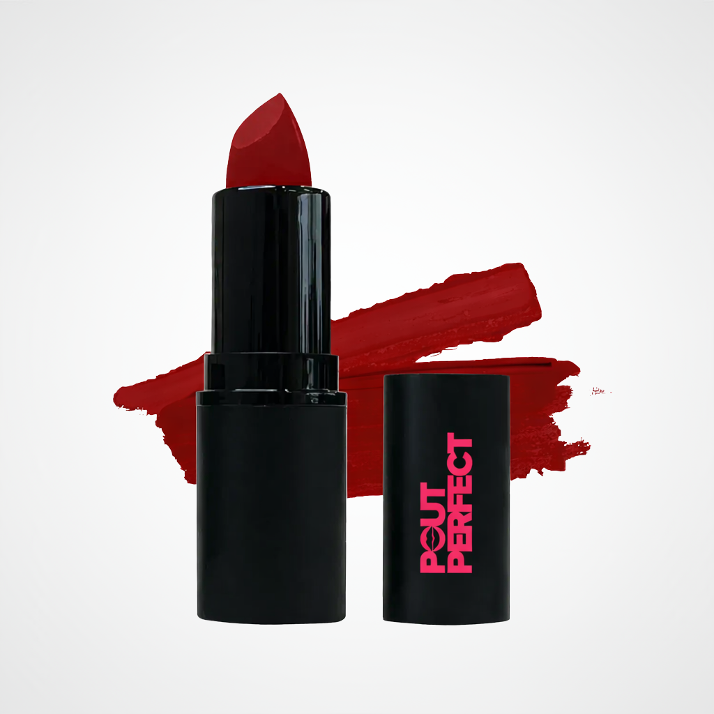 A black lipstick tube with a red lipstick bullet exposed, shown next to its cap on a light gray background with a red lipstick swatch behind it. The cap features the brand name 'Pout Perfect' in pink.