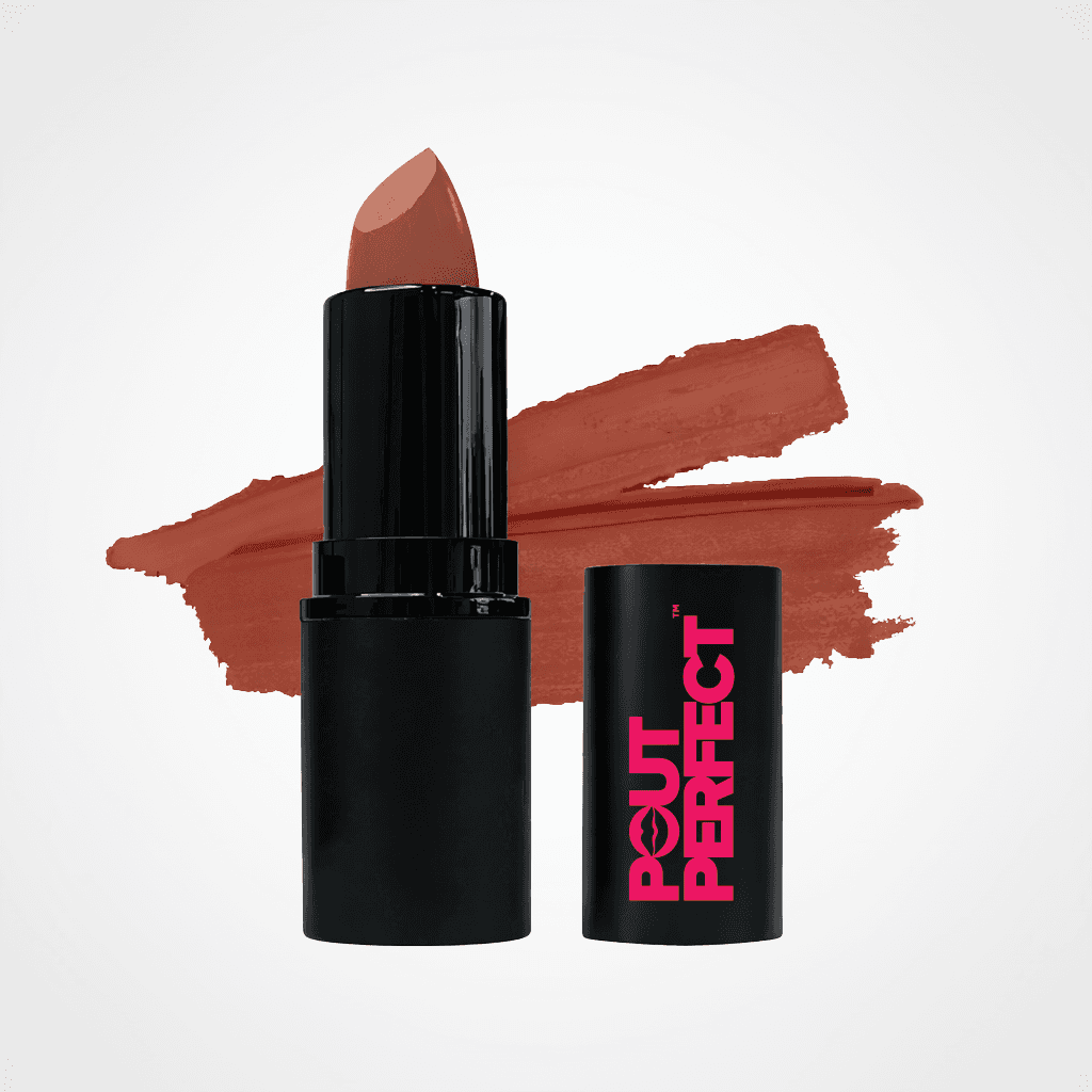 A black lipstick tube with a nude peach bullet and its cap beside it, set against a white background with a terracotta lipstick swatch behind it. The cap features the brand name 'POUT PERFECT' in pink. Au Natural