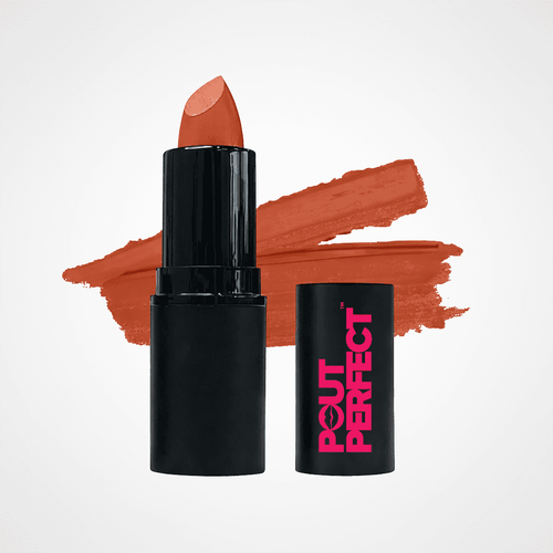 An open black lipstick tube with a warm orange-terracotta shade, shown next to its matching black cap with pink 'OUT PERFECT' branding, set against a white background with a textured orange lipstick swatch behind it. Barely Beige