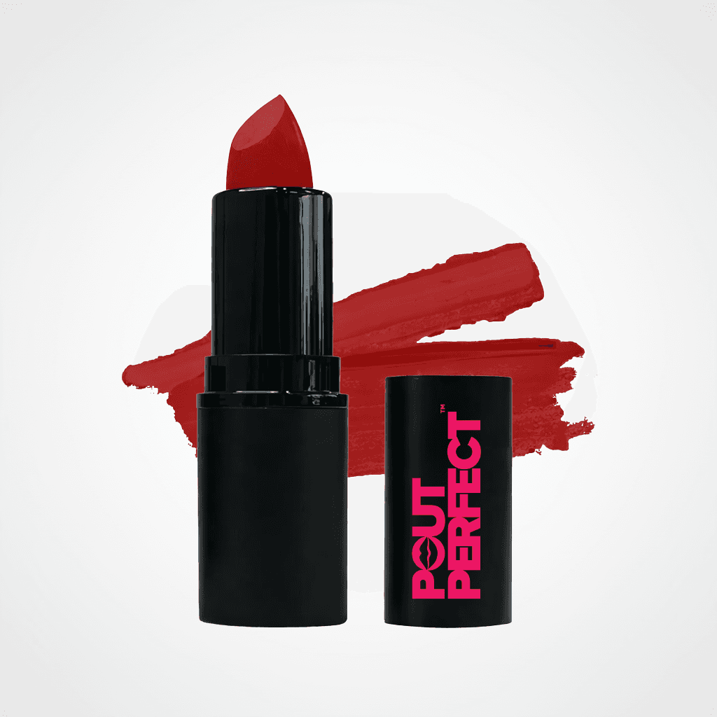 A black lipstick tube with a red lipstick bullet standing upright, alongside its matching black cap printed with pink 'POUT PERFECT' branding. A textured red lipstick smear is displayed behind the products on a clean white background. Brandy Rose
