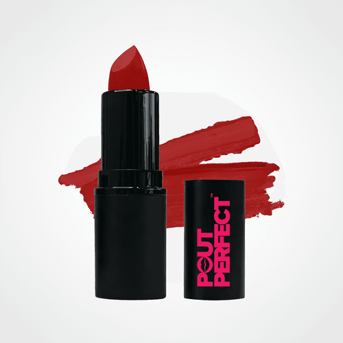 A black lipstick tube with a red lipstick bullet standing upright, alongside its matching black cap printed with pink 'POUT PERFECT' branding. A textured red lipstick smear is displayed behind the products on a clean white background. Brandy Rose