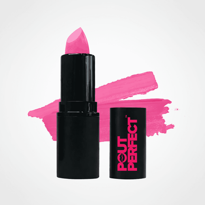 A pink lipstick in a black tube with the cap beside it, shown on a light gray background with a bright pink cosmetic swatch behind it. The cap has the brand name 'Pout Perfect' printed vertically in pink. Bubble Gum