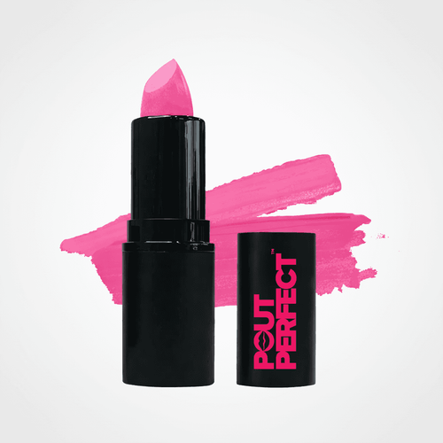 A pink lipstick in a black tube with the cap beside it, shown on a light gray background with a bright pink cosmetic swatch behind it. The cap has the brand name 'Pout Perfect' printed vertically in pink. Bubble Gum