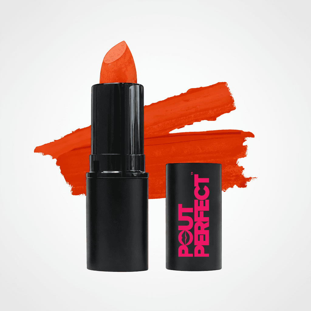 An orange-red lipstick in a black tube stands next to its matching black cap, which features pink 'POUT PERFECT' branding. A matching orange-red lipstick smear is displayed behind the product on a clean white background. Fire Cracker Red
