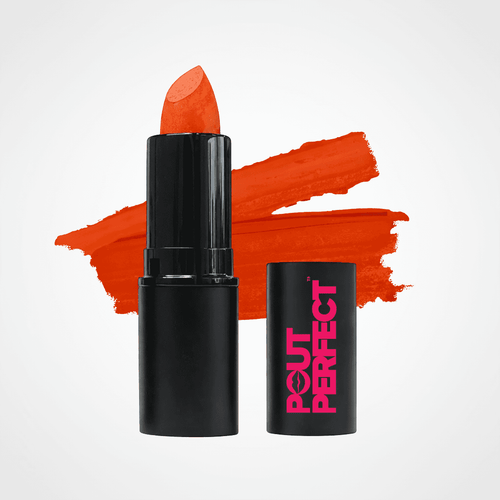 An orange-red lipstick in a black tube stands next to its matching black cap, which features pink 'POUT PERFECT' branding. A matching orange-red lipstick smear is displayed behind the product on a clean white background. Fire Cracker Red