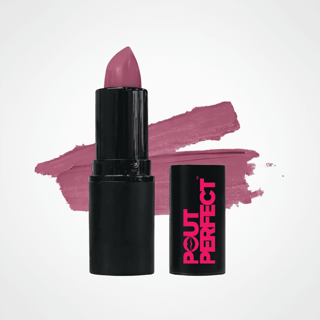 A black lipstick tube with a pinkish-purple lipstick bullet standing upright, next to its matching black cap printed with pink 'OUT PERFECT' text, set against a white background with a mauve lipstick swatch behind it. Misty Mauve