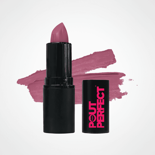 A black lipstick tube with a pinkish-purple lipstick bullet standing upright, next to its matching black cap printed with pink 'OUT PERFECT' text, set against a white background with a mauve lipstick swatch behind it. Misty Mauve