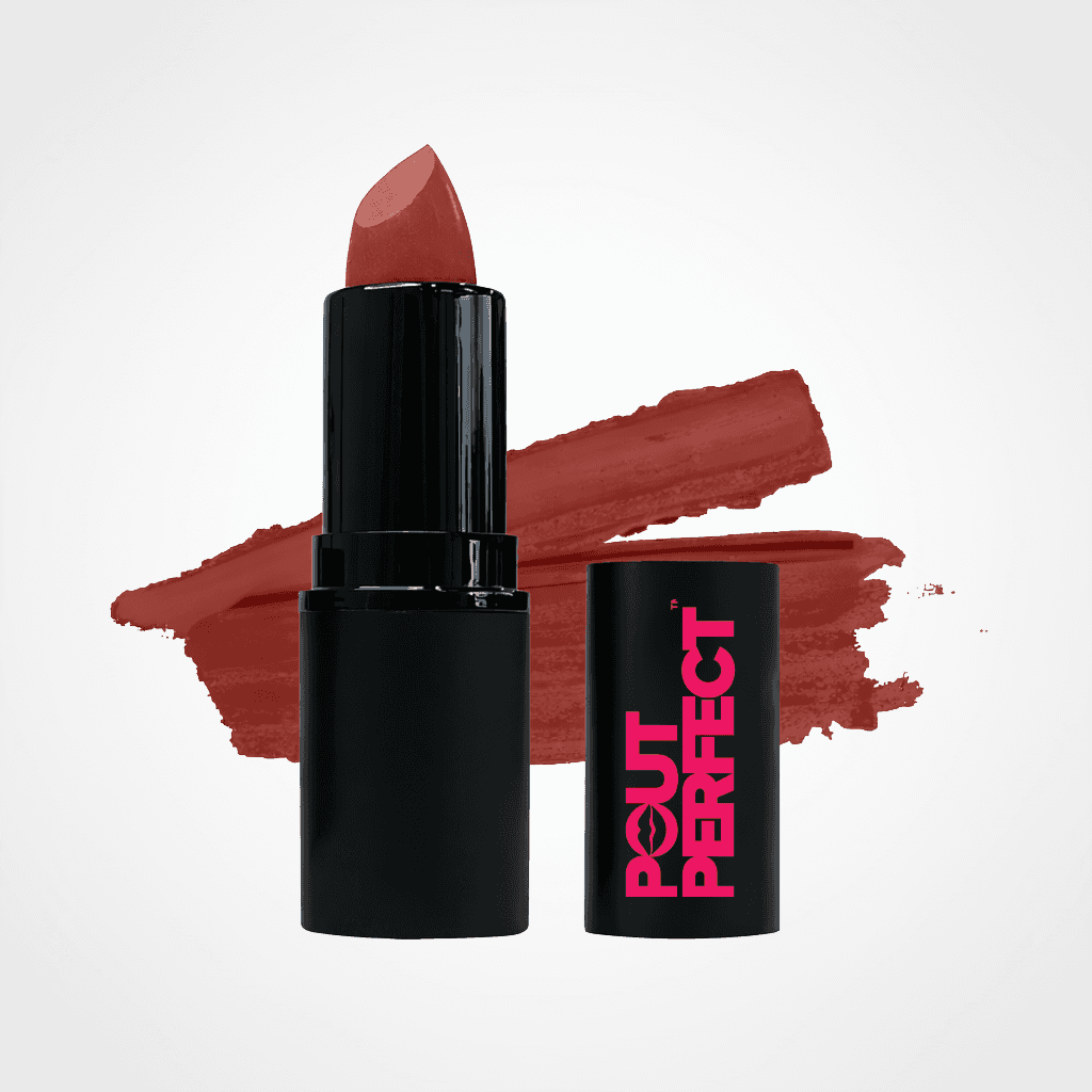 A lipstick bullet in a black tube stands upright next to its cap, which features the brand name 'POUT PERFECT' in pink. Behind them is a textured swipe of the lipstick color, a muted terracotta rose. Perfect Plum