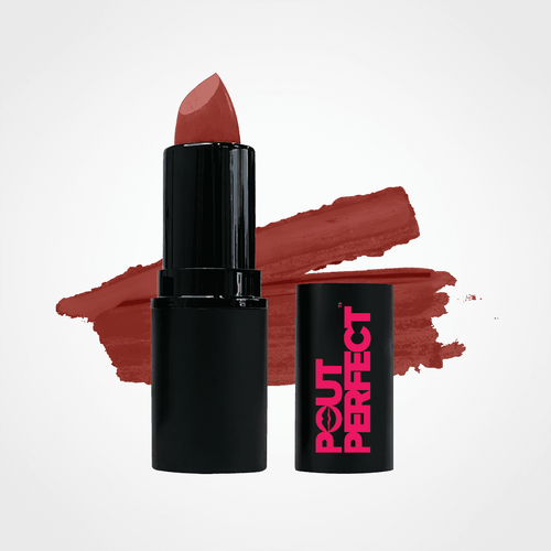 A lipstick bullet in a black tube stands upright next to its cap, which features the brand name 'POUT PERFECT' in pink. Behind them is a textured swipe of the lipstick color, a muted terracotta rose. Perfect Plum