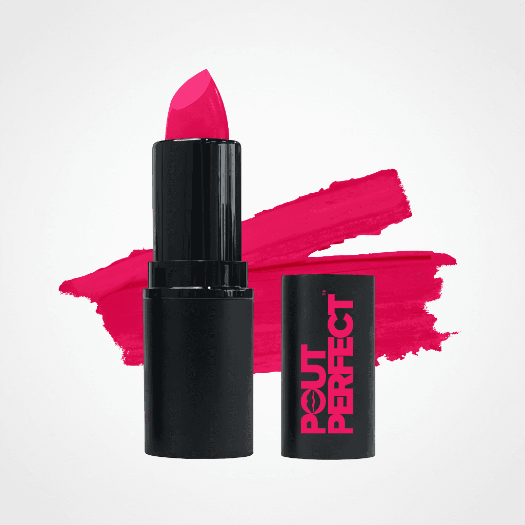 A bright pink lipstick bullet in a black tube stands next to its matching black cap, which features the brand name 'POUT PERFECT' in pink. Behind the product is a textured pink makeup swatch on a clean white background. Pink Pizzazz