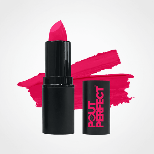 A bright pink lipstick bullet in a black tube stands next to its matching black cap, which features the brand name 'POUT PERFECT' in pink. Behind the product is a textured pink makeup swatch on a clean white background. Pink Pizzazz