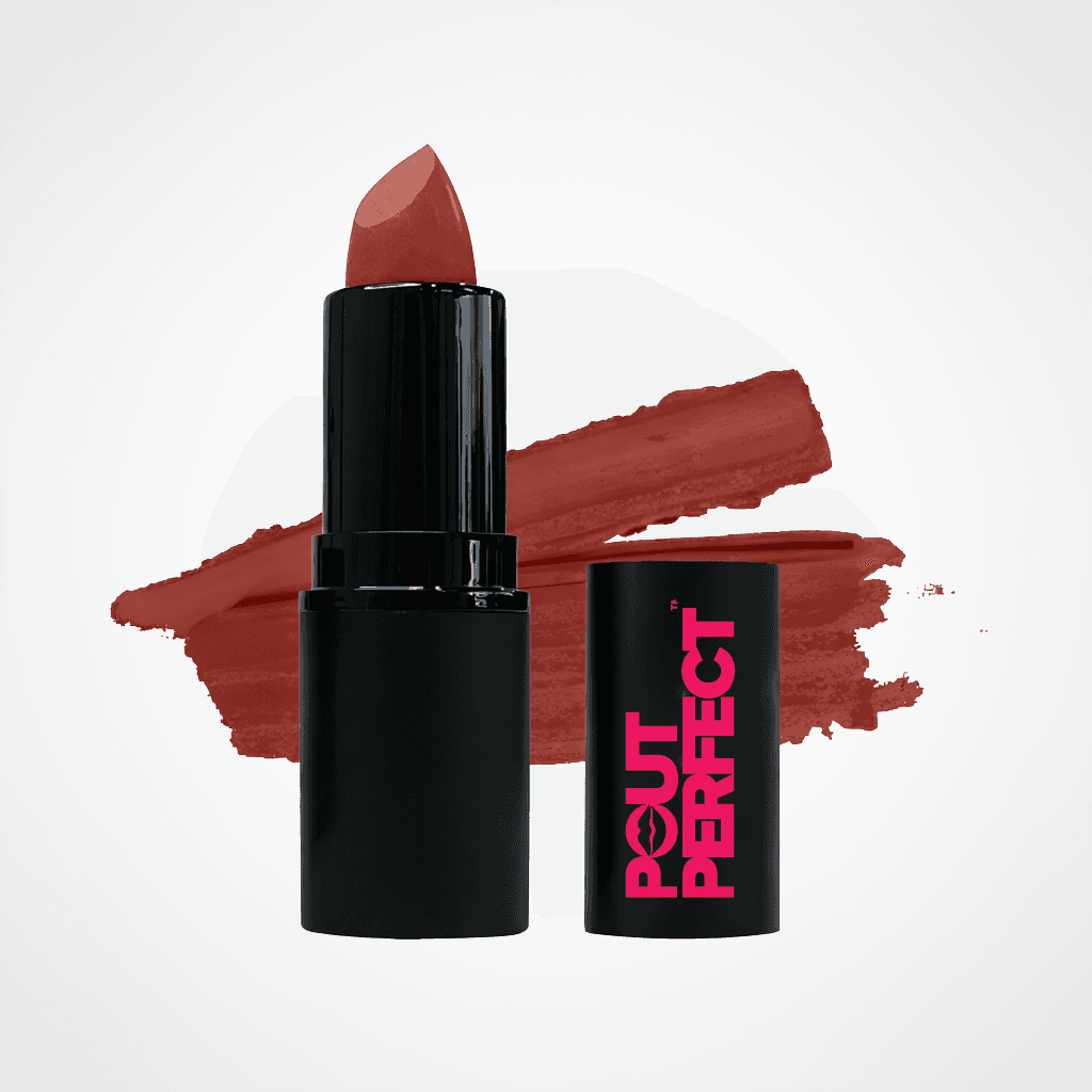 A black lipstick tube with a warm reddish-brown lipstick bullet standing next to its matching black cap, which features the brand name 'POUT PERFECT' in pink. A textured swipe of the lipstick color is displayed in the background on a clean white studio backdrop. Plum Wine