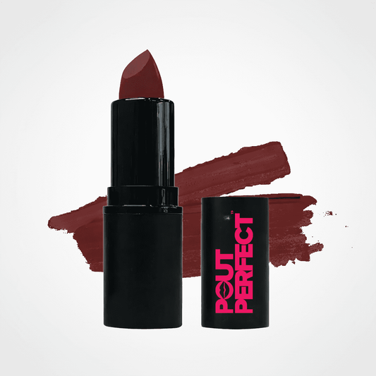 A black lipstick tube with its cap beside it, shown with a deep berry-brown lipstick bullet and a matching lipstick swatch on a light gray background. The cap has pink text reading 'PUT PERFECT'. Raspberry Satin