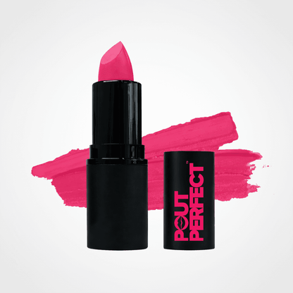 A pink lipstick bullet in a black tube stands next to its matching black cap, which features the brand name 'POUT PERFECT' in pink. A vibrant pink lipstick smear is displayed behind them on a clean white background. Sparkling Wine