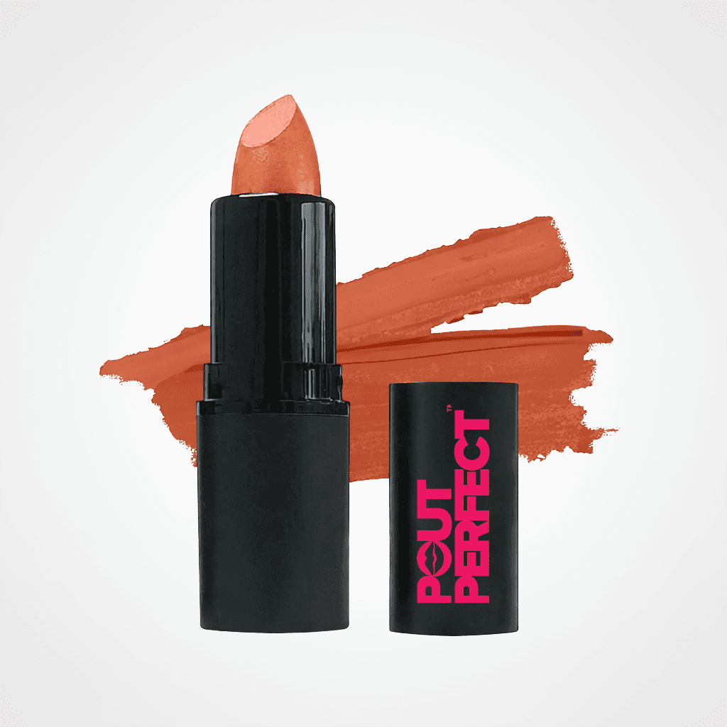 A black lipstick tube with a peachy nude lipstick bullet standing upright, alongside its matching black cap printed with pink 'OUT PERFECT' branding. A textured orange-brown lipstick swatch is displayed behind the products on a clean white background. Spicy Rum
