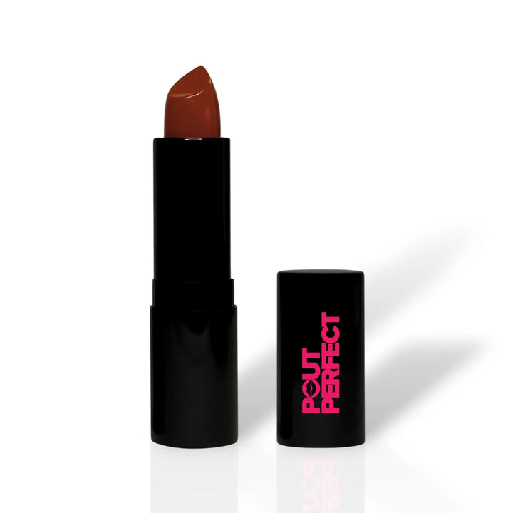 Pout Perfect luxury matte lipstick in black tube with brown shade and pink logo on cap