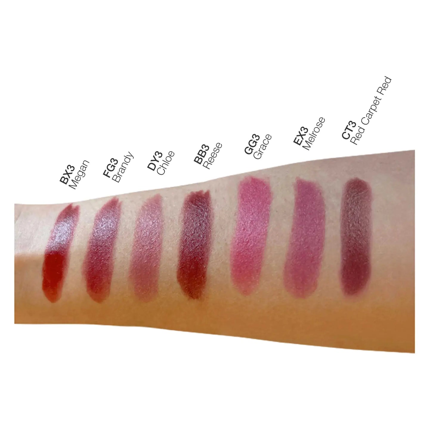 Pout Perfect luxury matte lipstick swatches on arm showing shades Red Carpet Red Megan Brandy Chloe Reese Grace Melrose