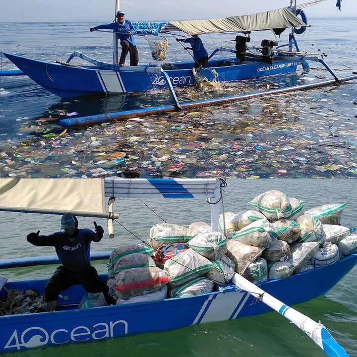 Ecodrive boat collecting ocean plastic with bags full of waste showing ocean plastic removal services in action