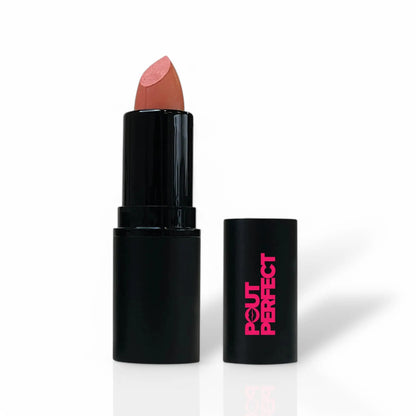 Pout Perfect barely beige lipstick in black tube with pink logo and cap beside it
