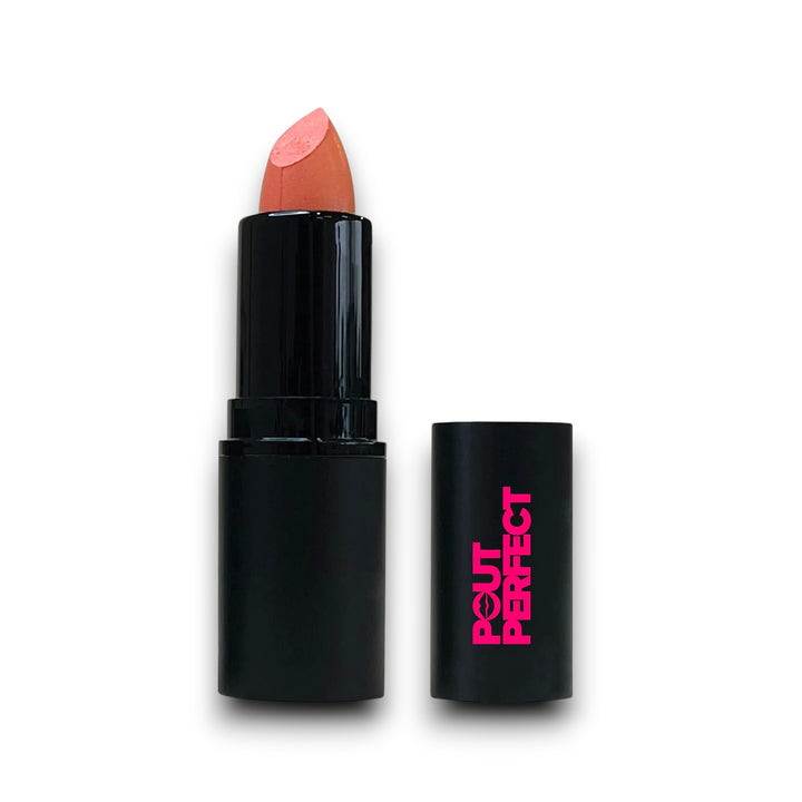 Pout Perfect barely beige lipstick in sleek black tube with pink logo and cap removed