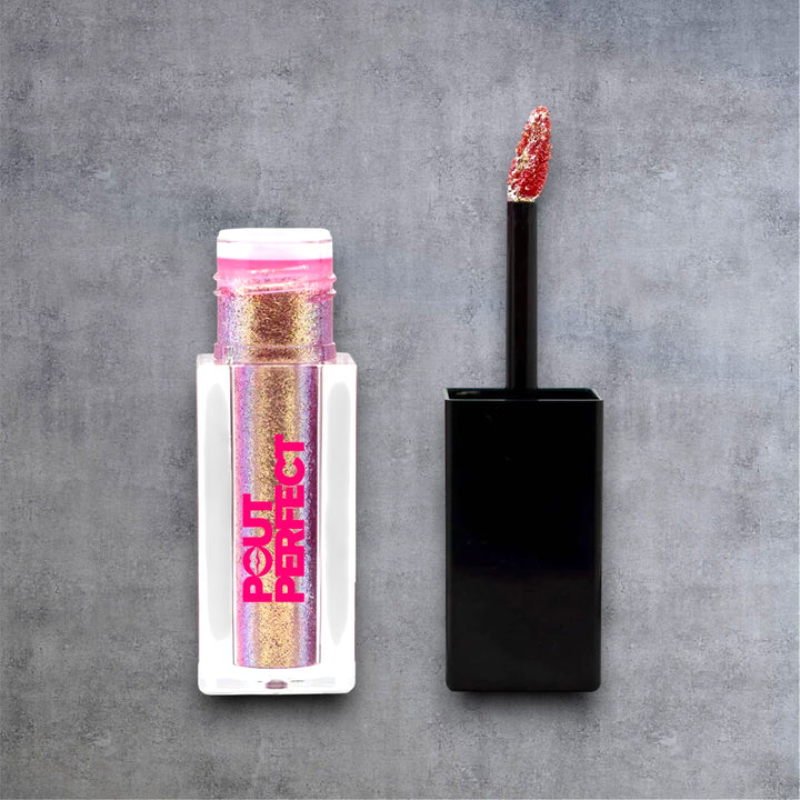 Pout Perfect liquid shimmer lip gloss open with wand showing the best lip gloss for natural look