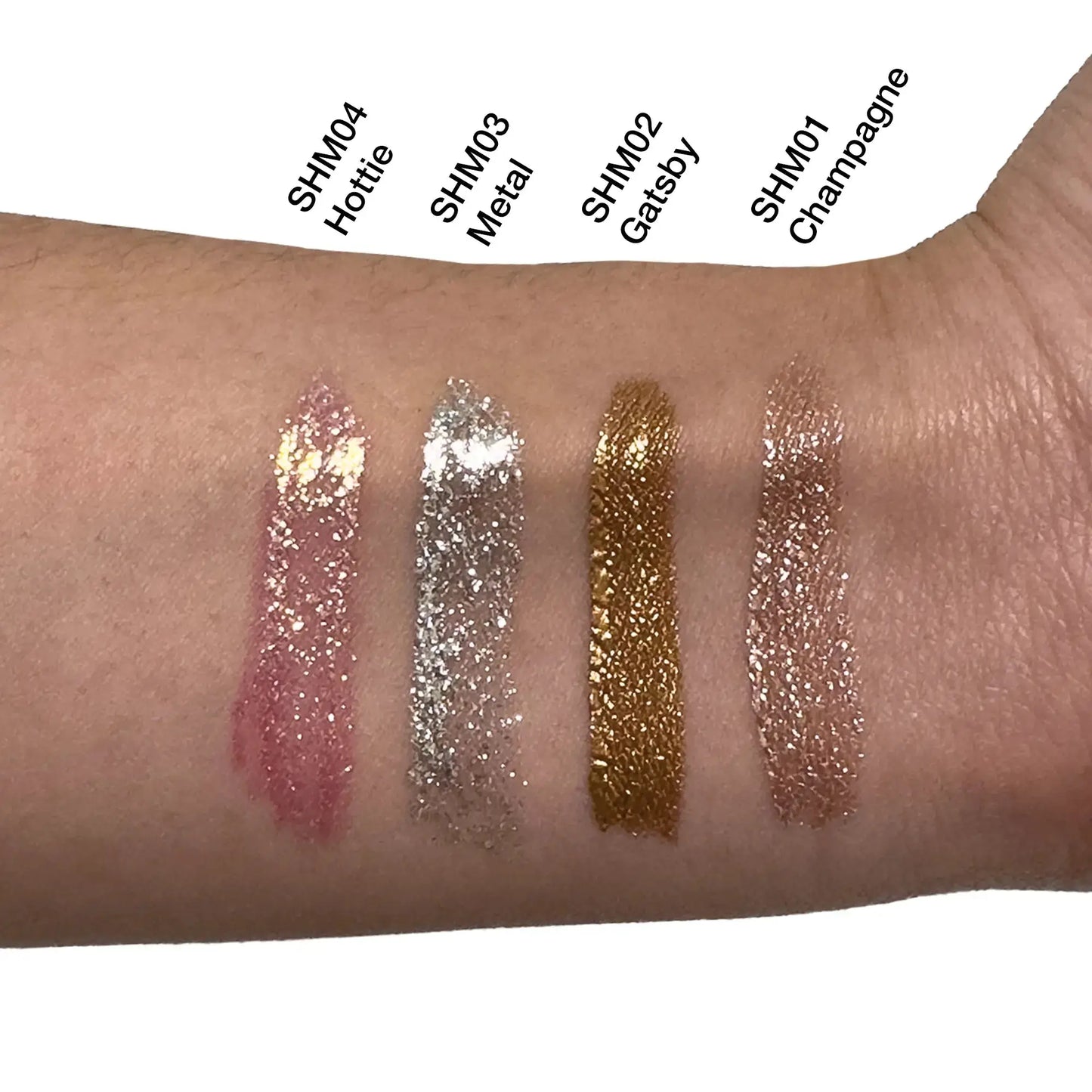 Pout Perfect liquid shimmer lip gloss swatches including Hottie, Metal, Gatsby, and Champagne as best lip gloss for natural look