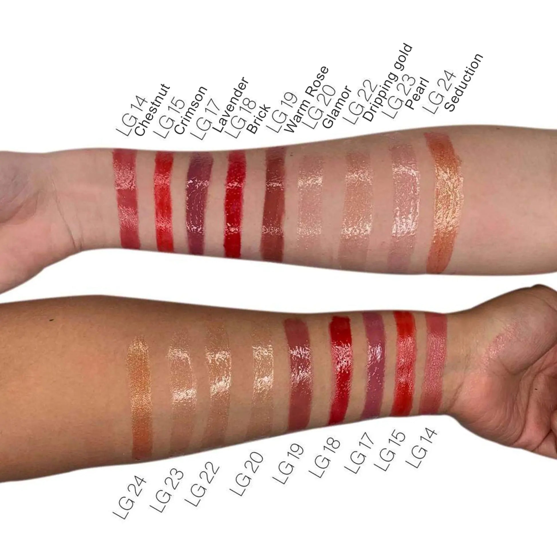 Pout Perfect classic lip gloss for everyday wear swatches on different skin tones showing a variety of shades