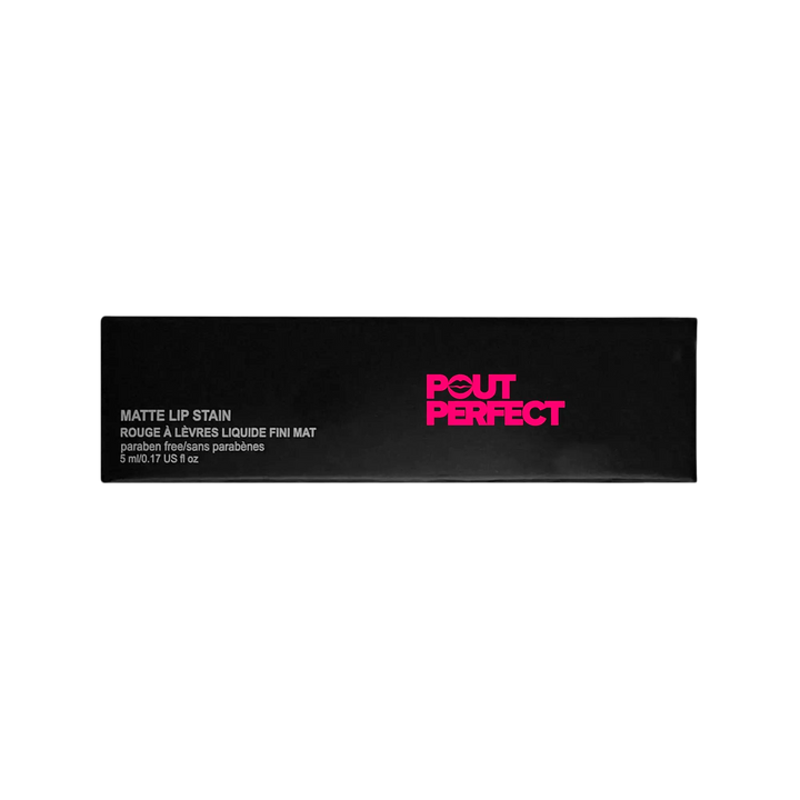 Pout Perfect deep burgundy matte lip stain in sleek black packaging with pink logo