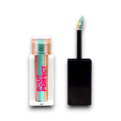 Pout Perfect liquid shimmer gold shimmer lip gloss with multicolor glitter and black applicator