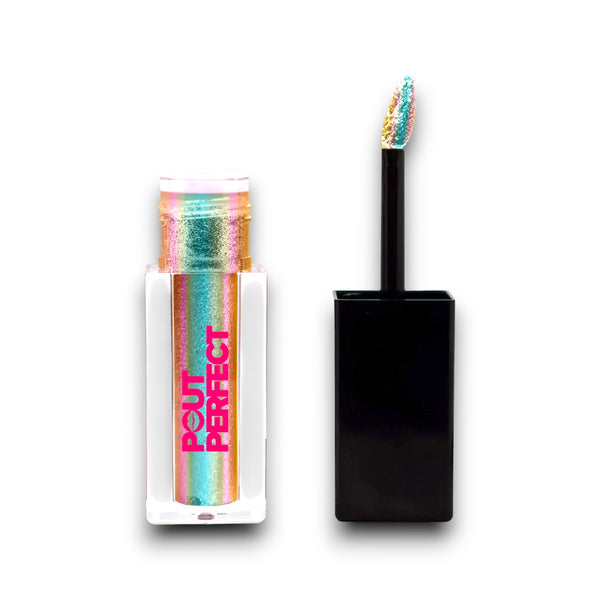 Pout Perfect liquid shimmer gold shimmer lip gloss with multicolor glitter and black applicator