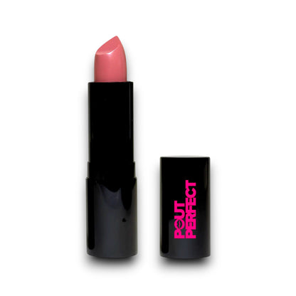 Pout Perfect luxury cream lipstick in soft pink shade highly pigmented pink lipstick with black case