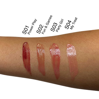Pout Perfect hydrating lip oil for dry lips swatches on arm in four shades Power Play, Fun & Games, Party Girl, and My Treat