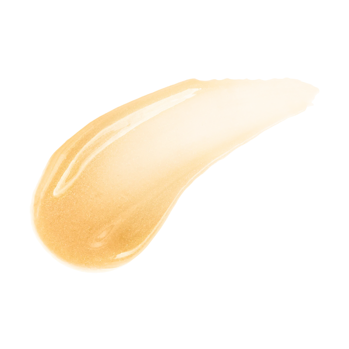 Swatch of Pout Perfect lemon lip gloss in a glossy pale yellow shade on black background