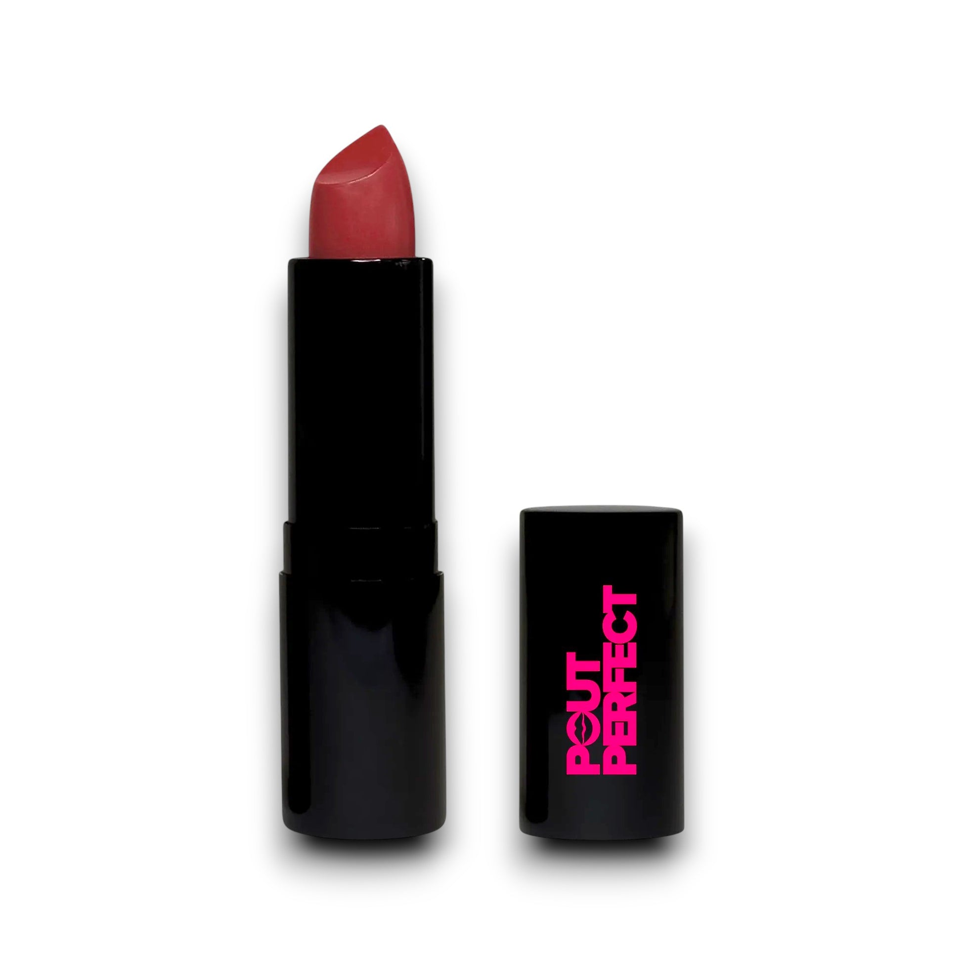Pout Perfect luxury matte lipstick in a black tube with deep red shade and matching cap