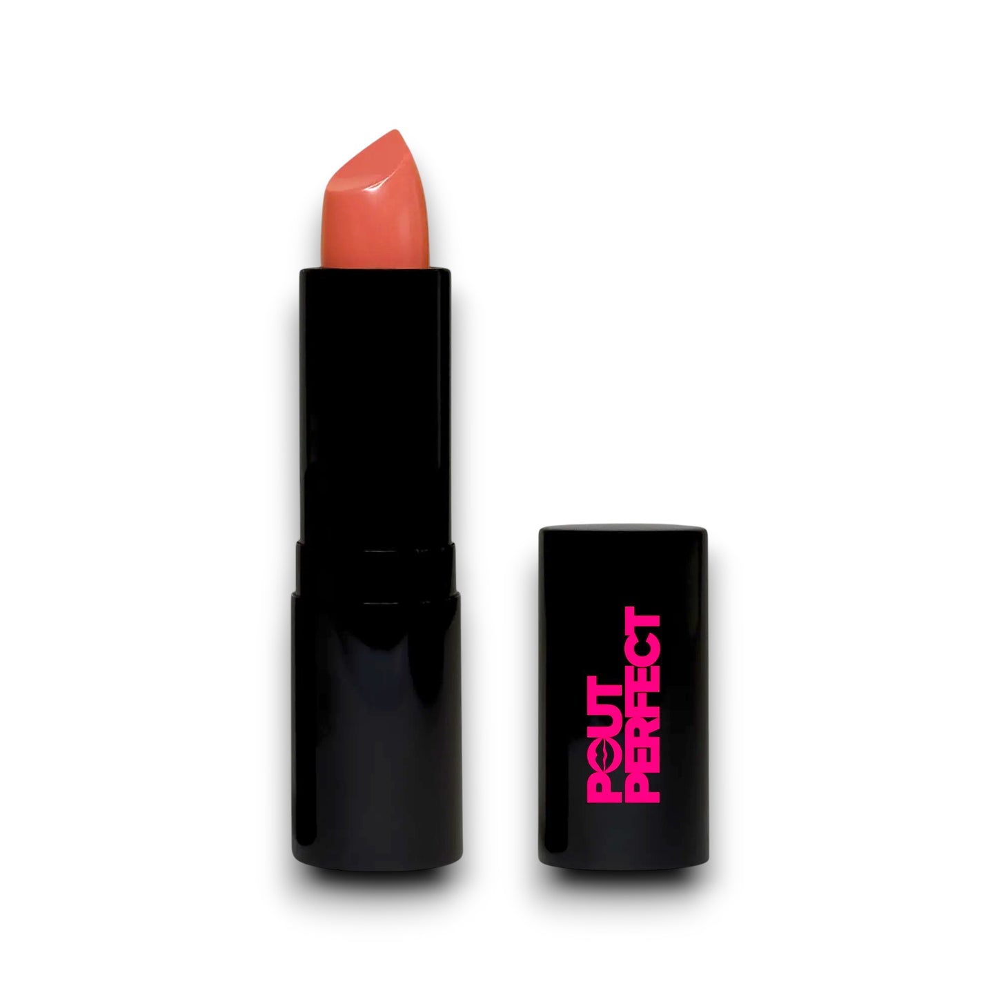 Pout Perfect luxury matte lipstick in sleek black case with soft coral shade and removable cap
