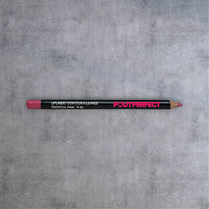 Pout Perfect long lasting pink lip pencil in tropical pink shade on gray background