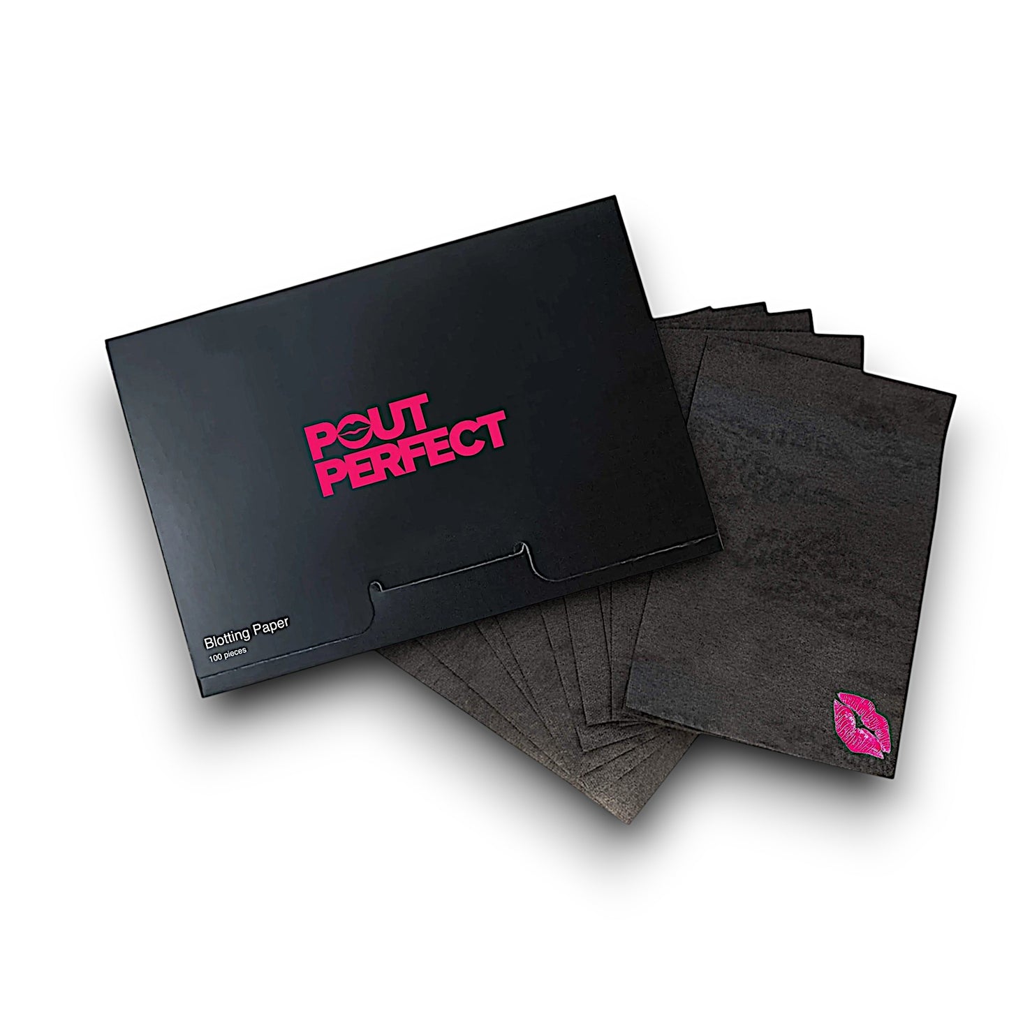 Pout Perfect black packaging and sheets of luxury blotting papers for lips with pink logo