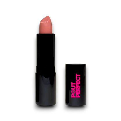Pout Perfect luxury cream lipstick in soft pink shade with black sleek tube and pink logo