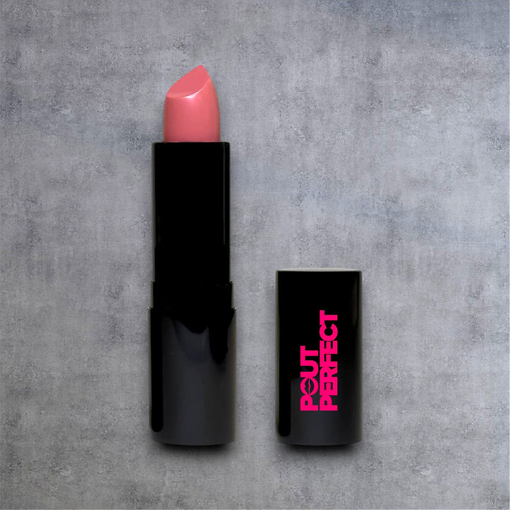 Pout Perfect luxury cream lipstick in soft pink shade with black sleek packaging and cap