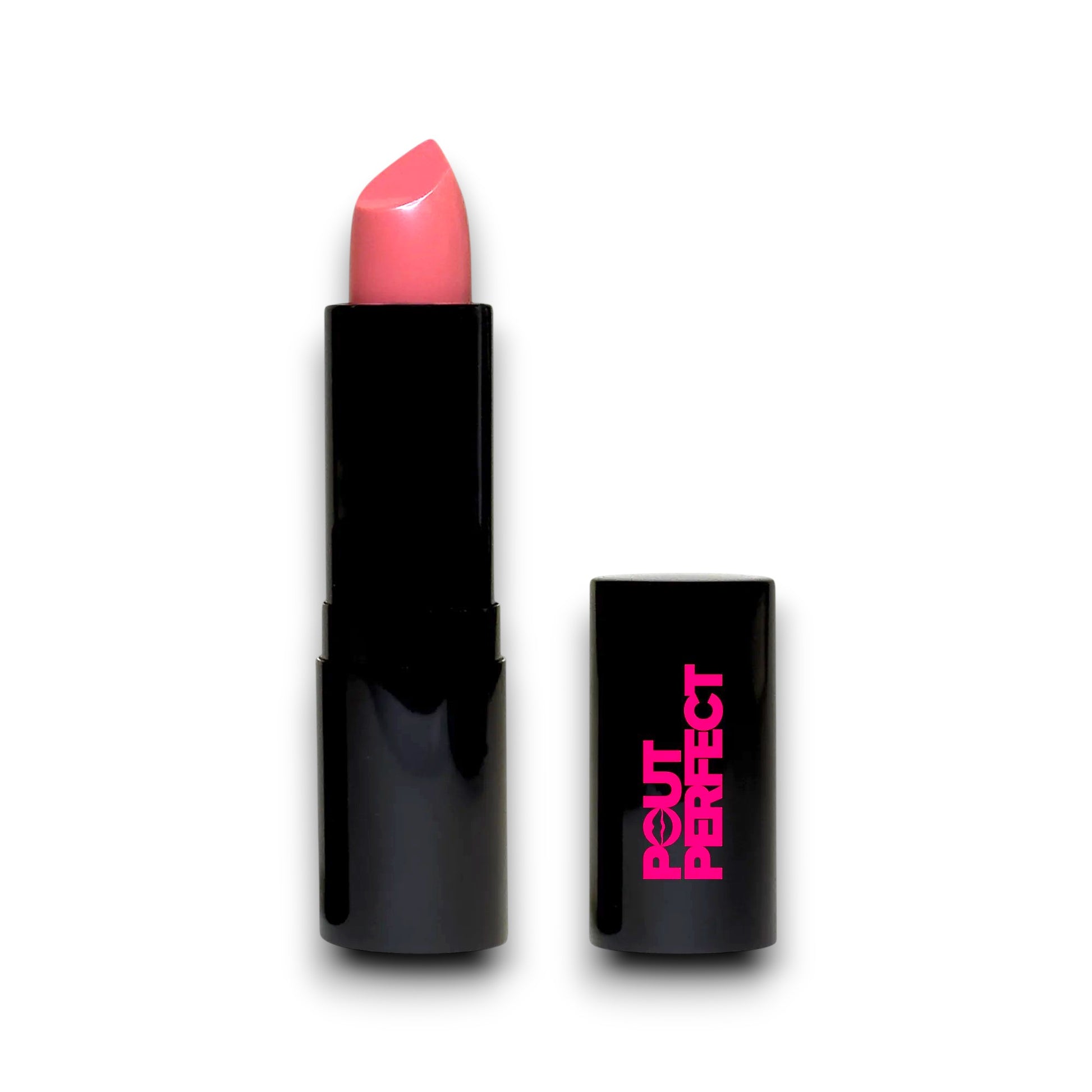 Pout Perfect luxury cream lipstick in soft pink shade with sleek black packaging and pink logo