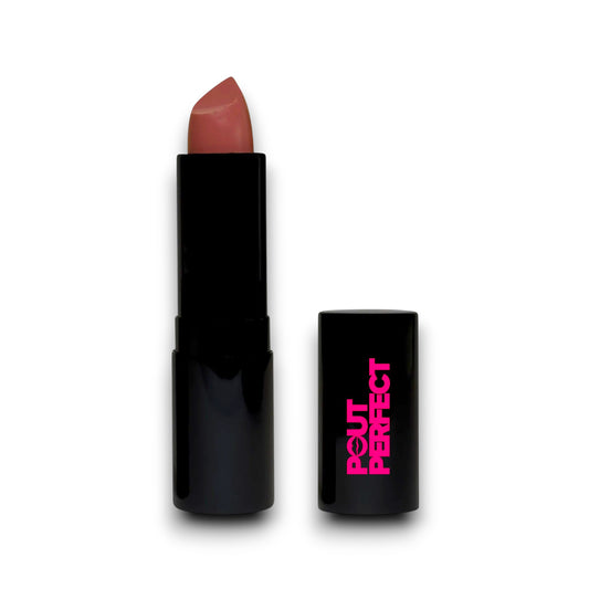 Pout Perfect luxury matte lipstick in a sleek black tube with a muted pink shade