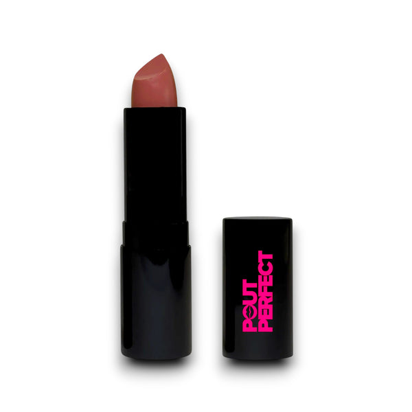 Pout Perfect luxury matte lipstick in a sleek black tube with a muted pink shade