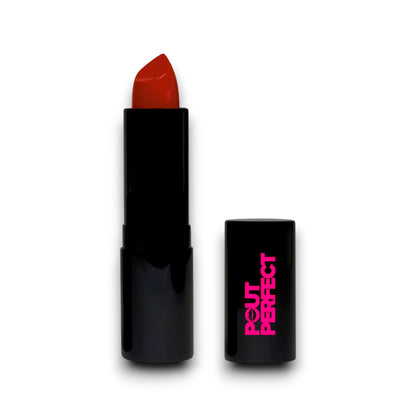 Pout Perfect luxury matte red lipstick in sleek black tube with vibrant red shade