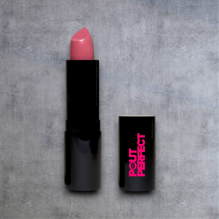 Pout Perfect luxury mauve lipstick in sleek black case with pink logo on cap